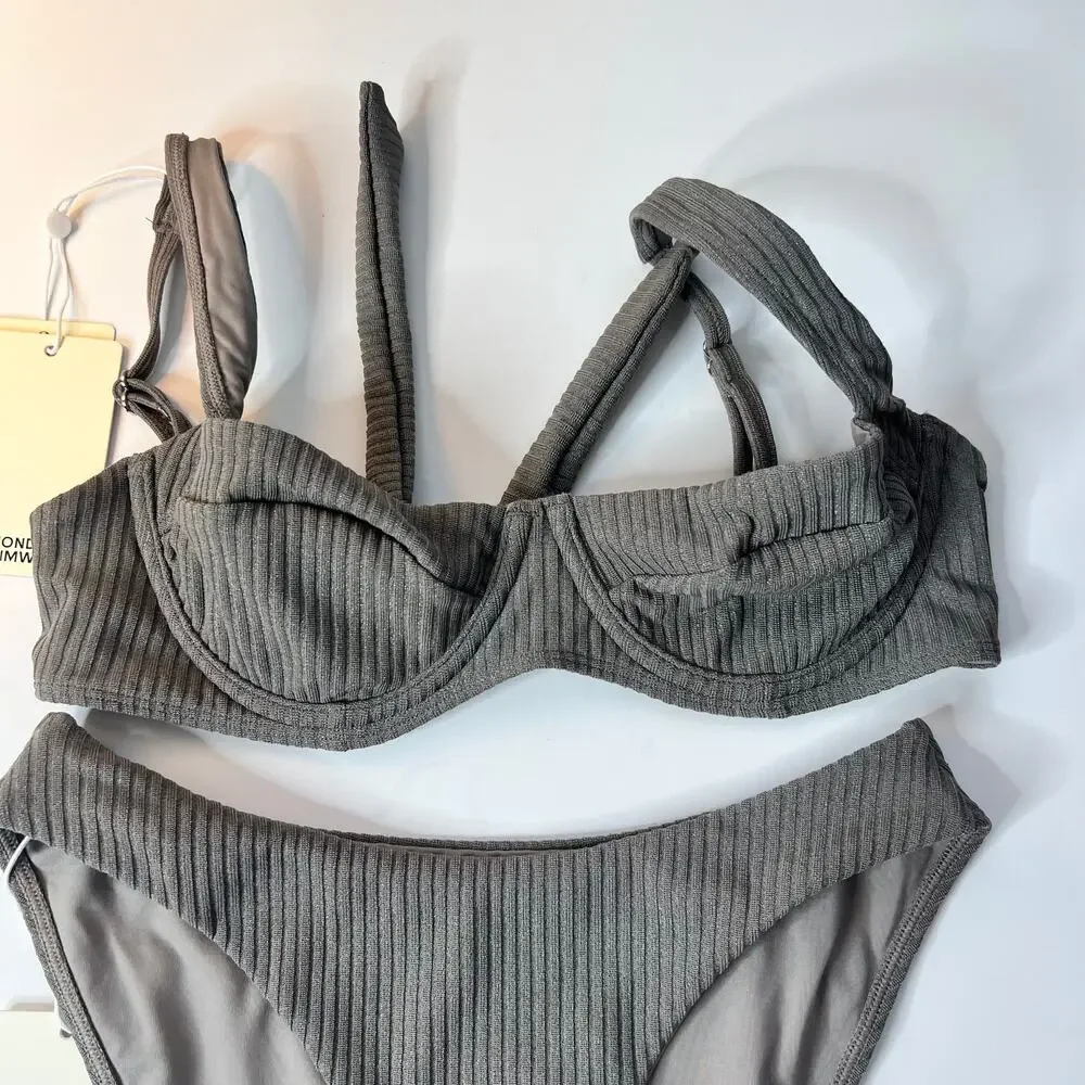 Monday Swimwear Seychelles Bottom and Sorrento Top Steel Lurex Rib New Small